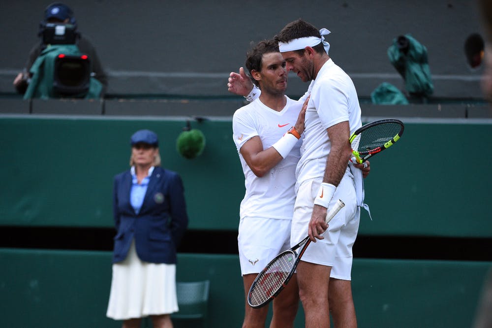 Rafael Nadal and Juan Martin Del Potro at the end of their epic quartefinal match in Wimbledon 2018.