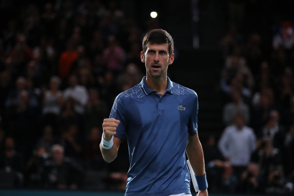 Novak Djokovic fist pumps at the 2018 Rolex Paris Masters