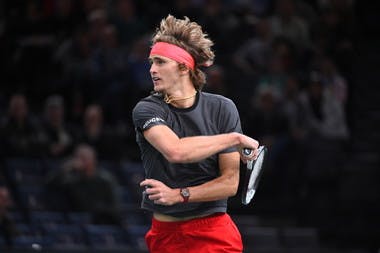 Sascha Zverev hitting a forehand at the 2018 Rolex Paris Masters