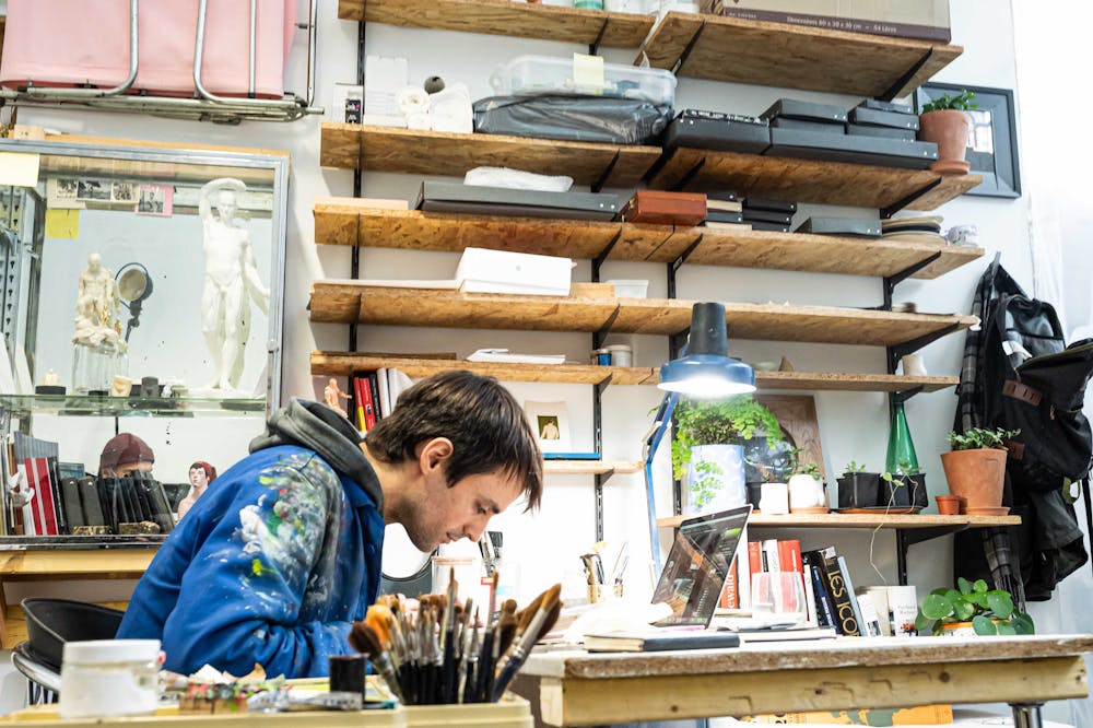 French artist Jean Claracq working in his studio on the official 2021 Roland-Garros poster