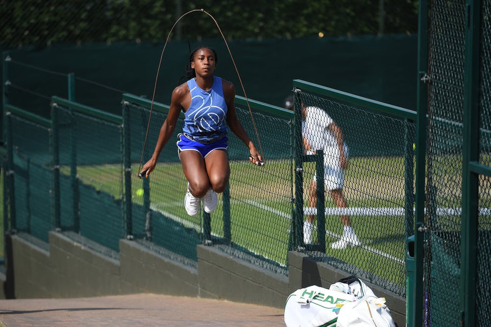 Coco Gauff jumping rope during 2019 Wimbledon