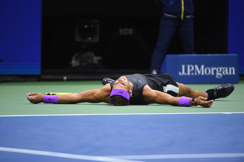 Rafael Nadal falling to the ground as he just won the 2019 US Open