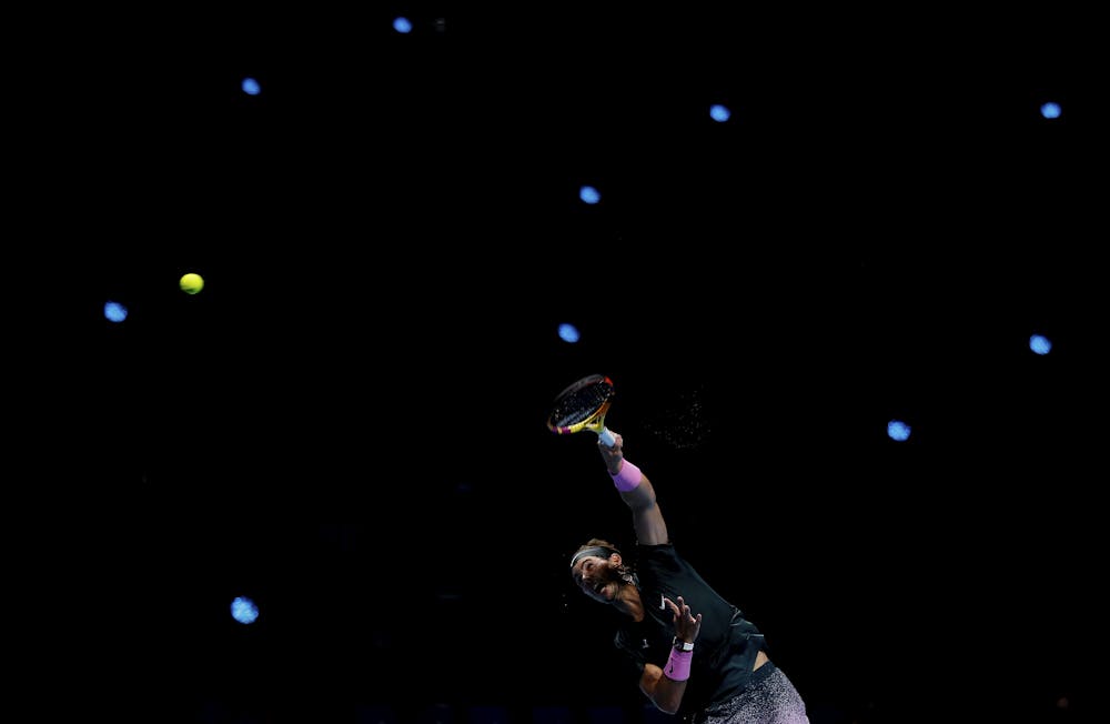Rafael Nadal serving during his ATP Finals 2020 semifinal