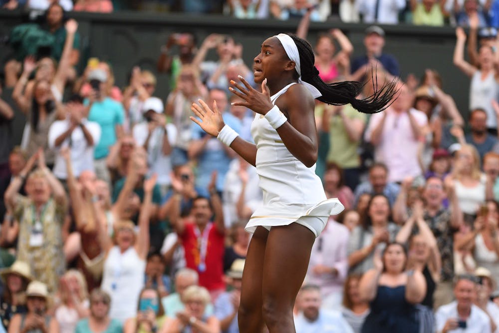 Cori Gauff jumping out of joy as she realizes she wins her third round match at Wimbledon 2019