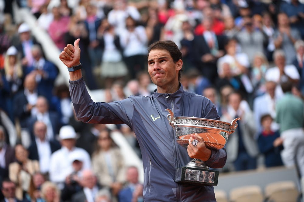 Rafael Nadal thumbs up trophy Roland Garros 2019