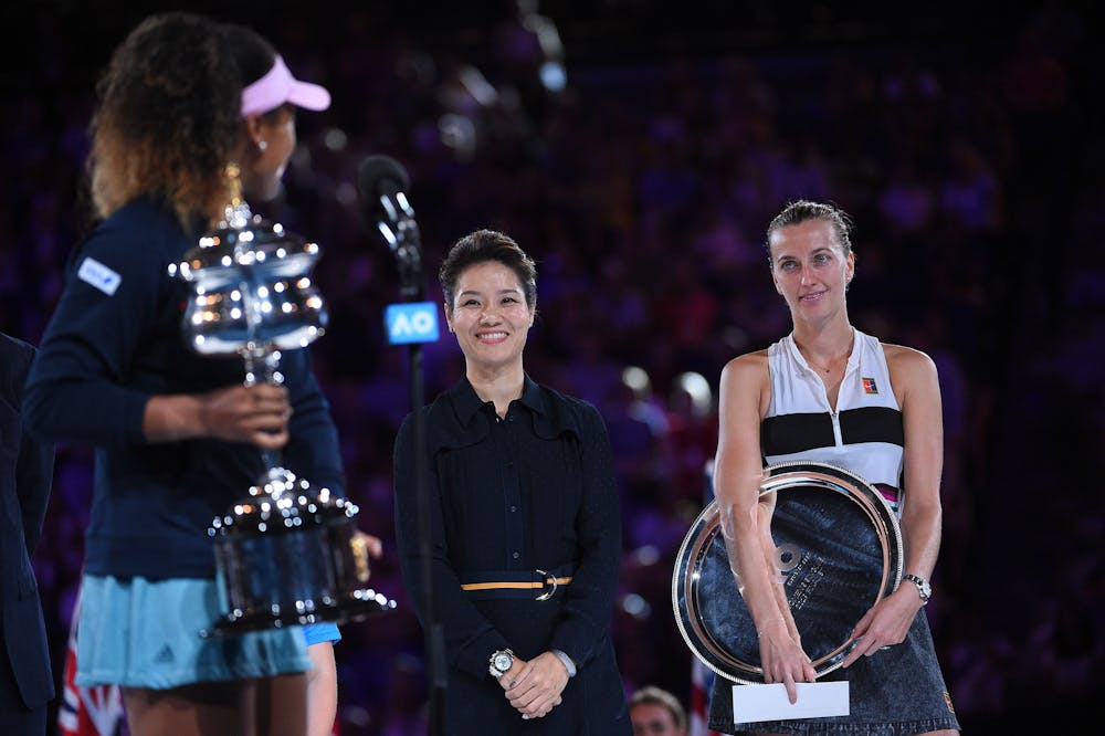 during the trophy presentation athe 2019 Australian Open
