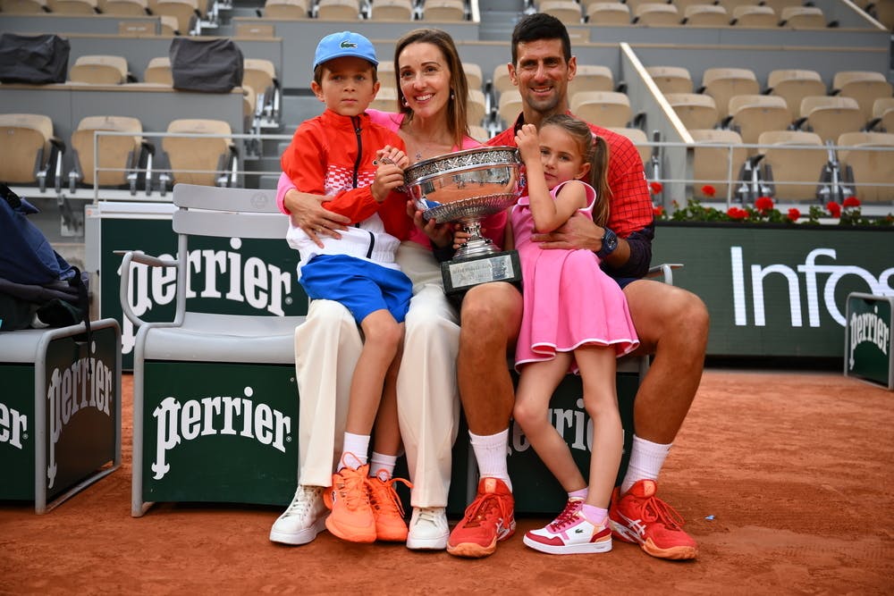 Novak Djokovic, wife Jelena, son Stefan, daughter Tara, Roland-Garros 2023 trophy