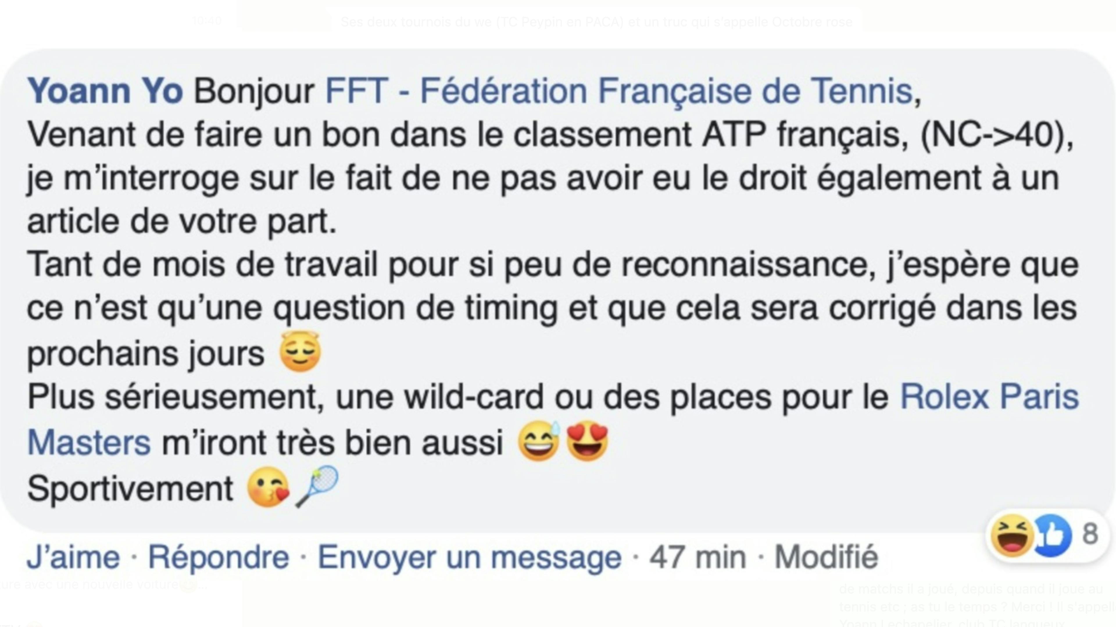 Yoann a interpellé la FFT avec humour sur Facebook !