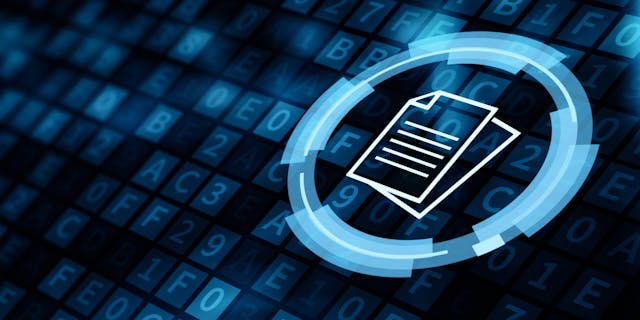 Secured digital  FIATA Bill of Lading. Document icon on code surrounded by a circle