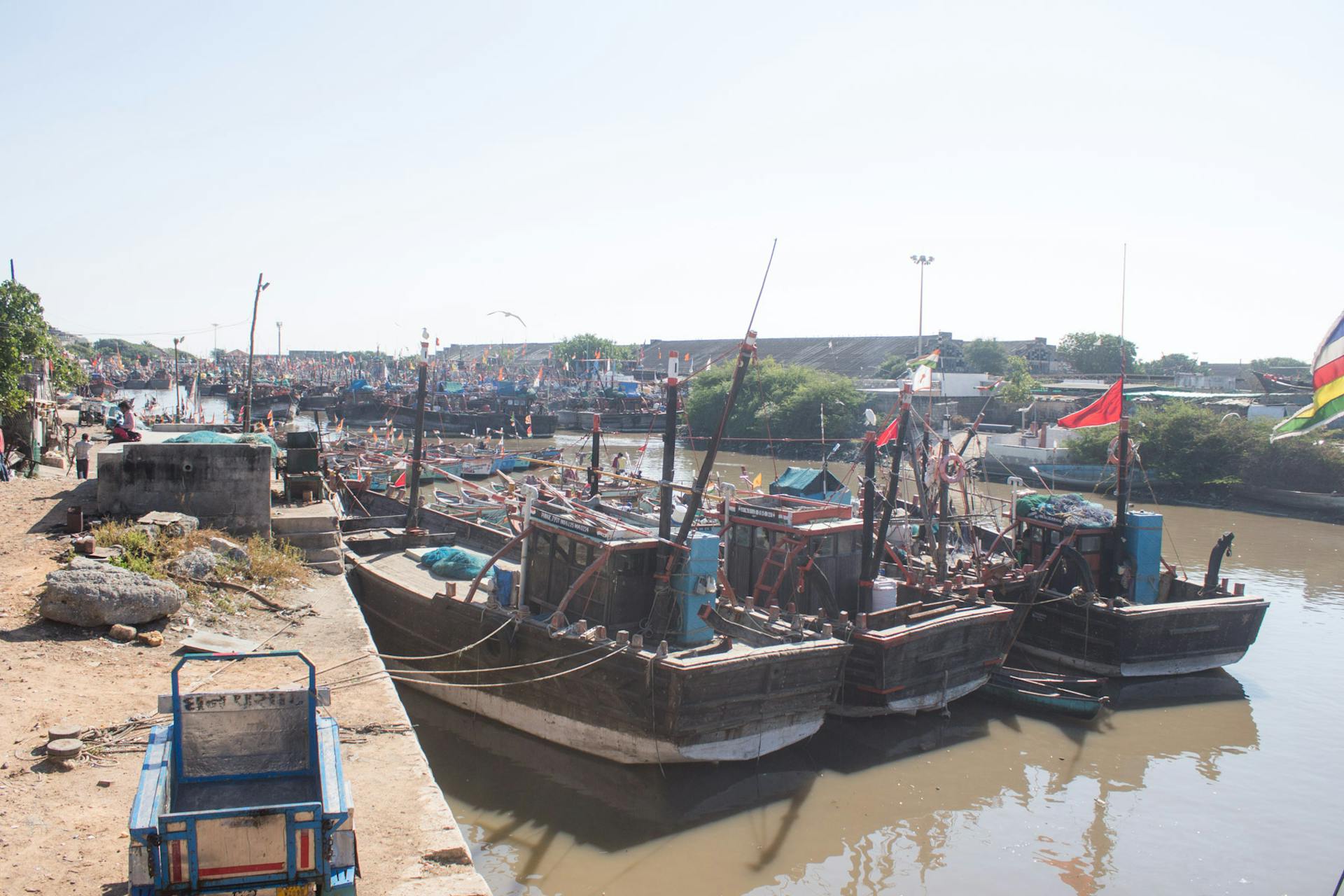 Old fishing boats in Porbandar port. Credit: Vaishnavi Suresh