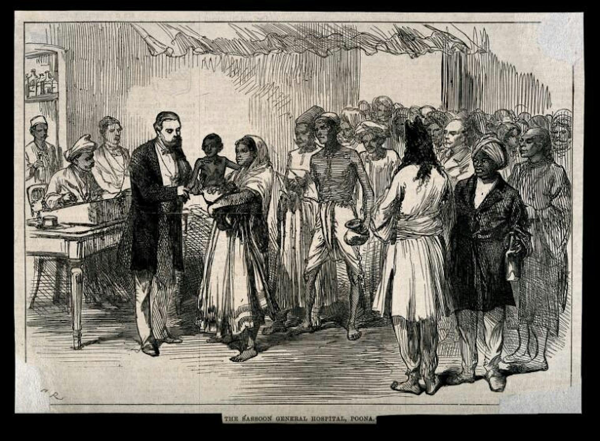 A wood engraving of patients awaiting treatment at the Sassoon General Hospital, Poona. It was published in an August 1879 edition of The Illustrated London News. Courtesy: Wellcome Library