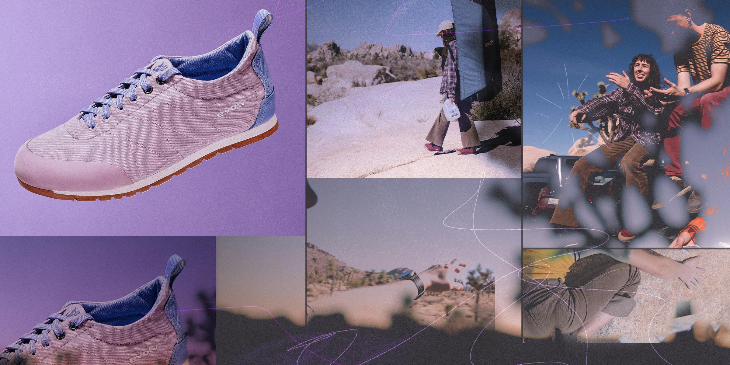 A sample of Evolv advertising graphics showcasing Evolv climbing shoes collaged overtop imagery.