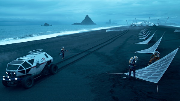 Still from Lost in Space, scene taking place at Reynisfjara black sand beach, South Iceland.