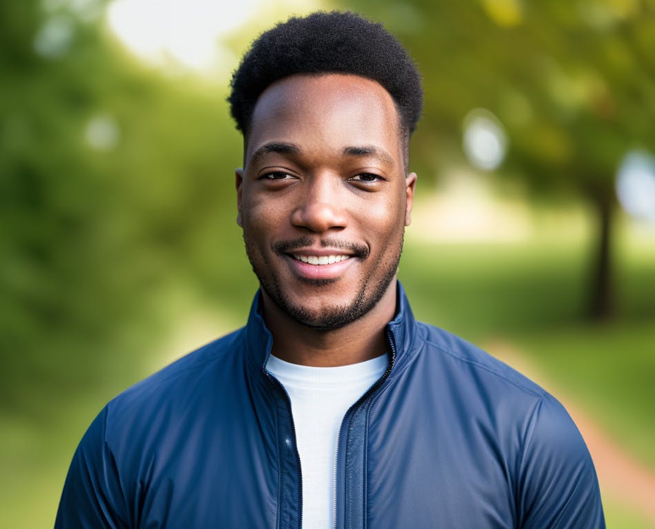 Photo of a man with short curly hair smiling at the camera. He is wearing a dark blue jacket over a white shirt and is outdoors, with a blurred background of green foliage.