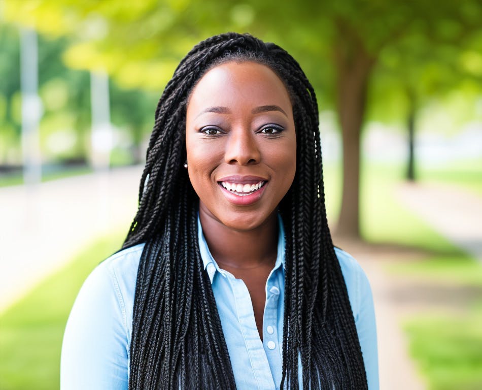 Photo of a woman with long braided hair smiling warmly at the camera. She is wearing a light blue button-down shirt and stands in an outdoor setting with green foliage in the background.