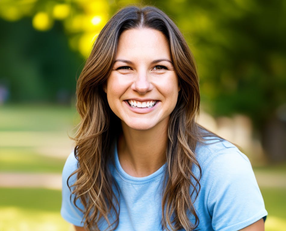 Photo of a woman with shoulder-length brown hair smiling brightly at the camera. She is wearing a light blue shirt and is outdoors, with a background of green and yellow foliage.