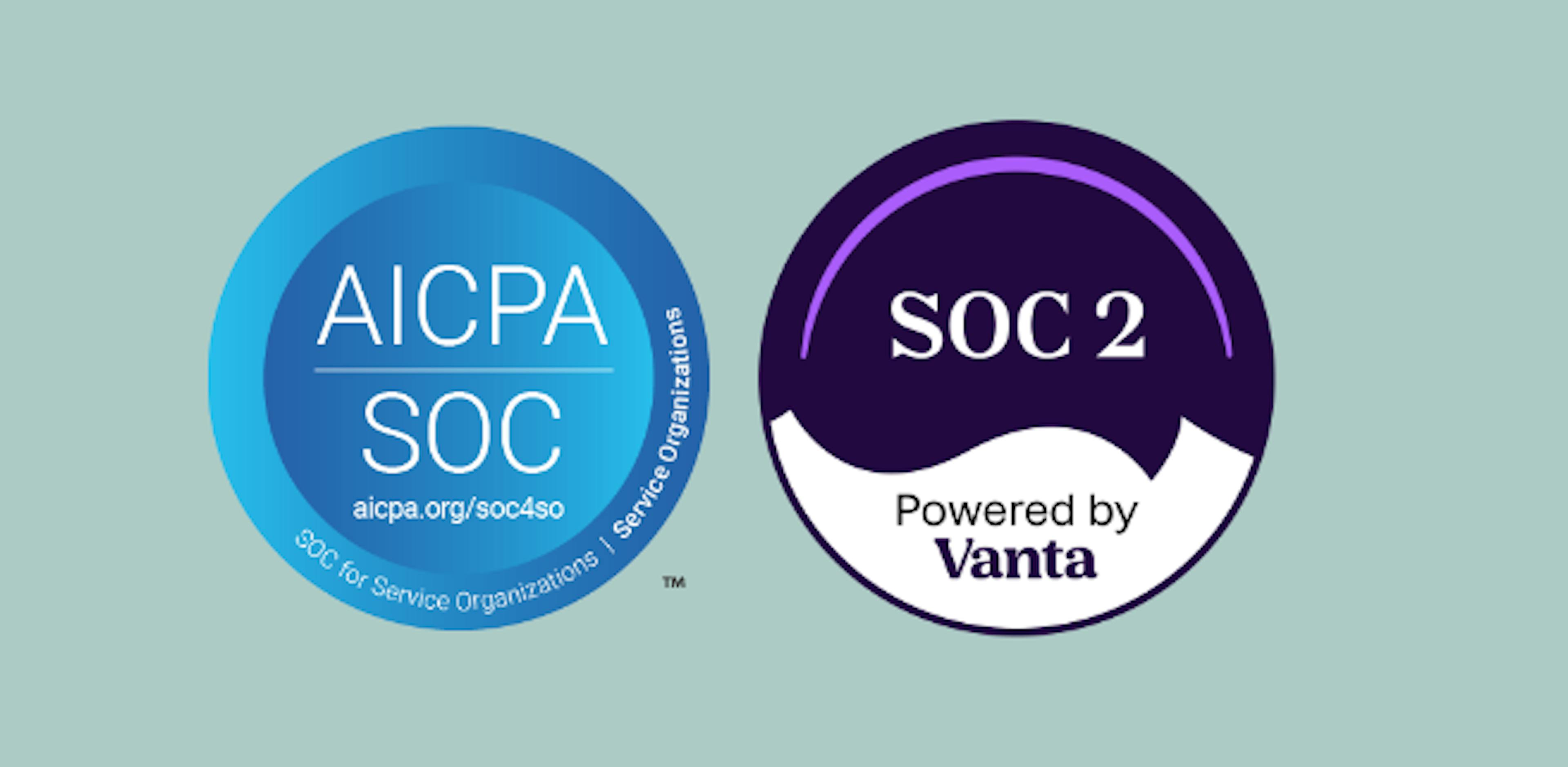 Blue AICPA and purple Vanta SOC 2 compliance badges against a mint colored background