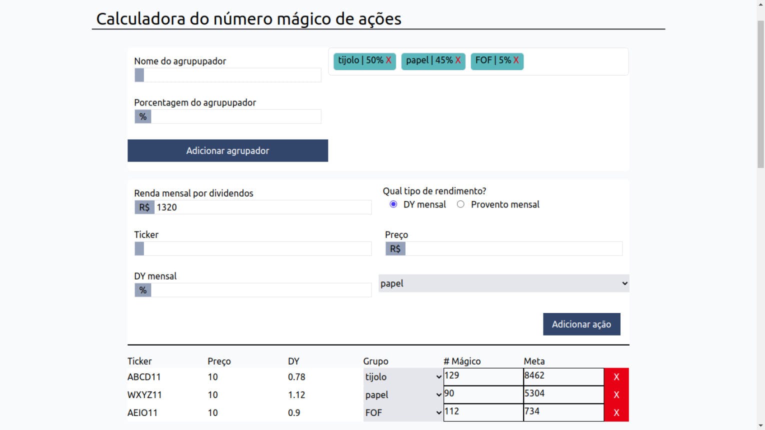 Screenshot da calculadora do número mágico de fii.