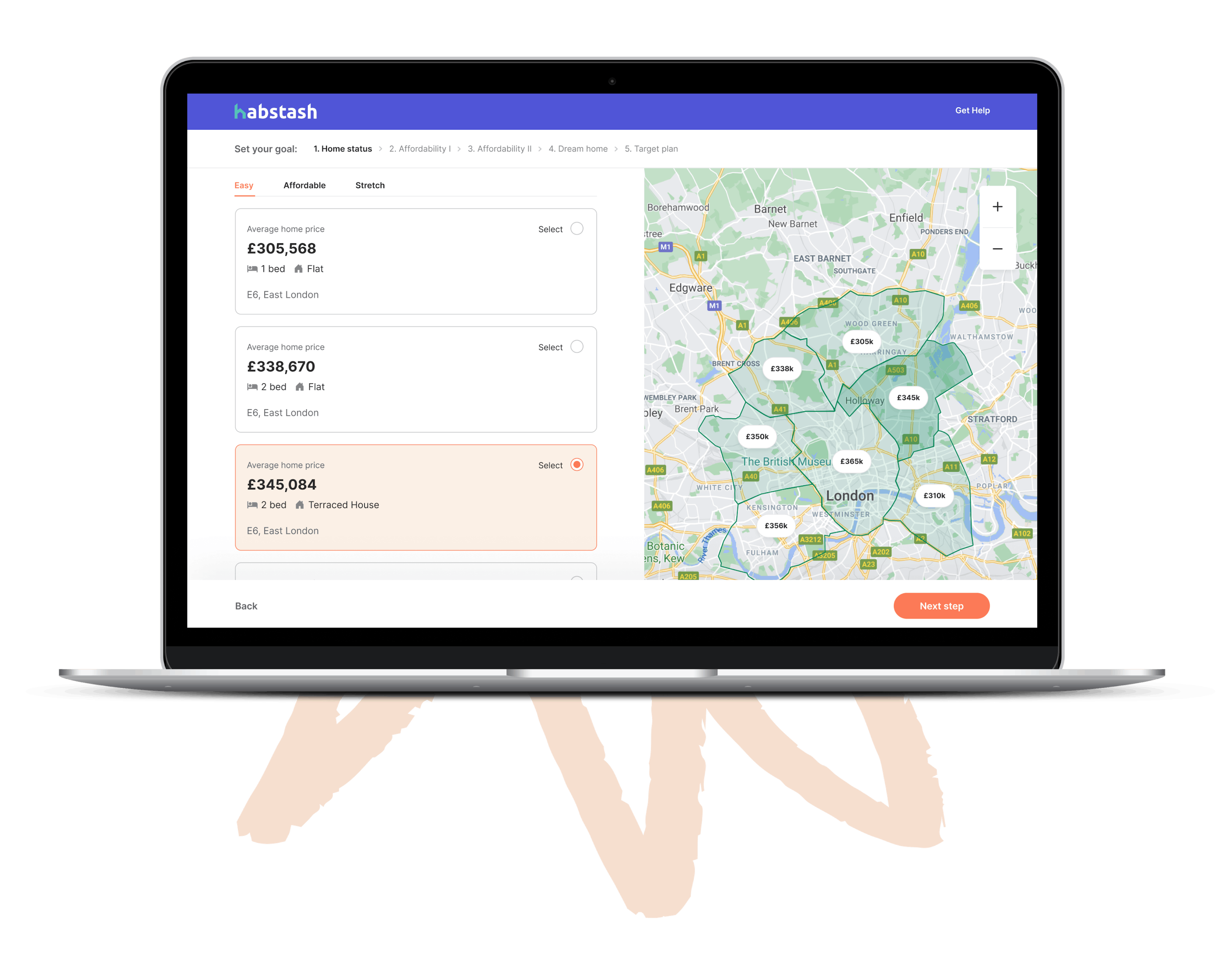 Screen showing prices of affordable homes in desktop view