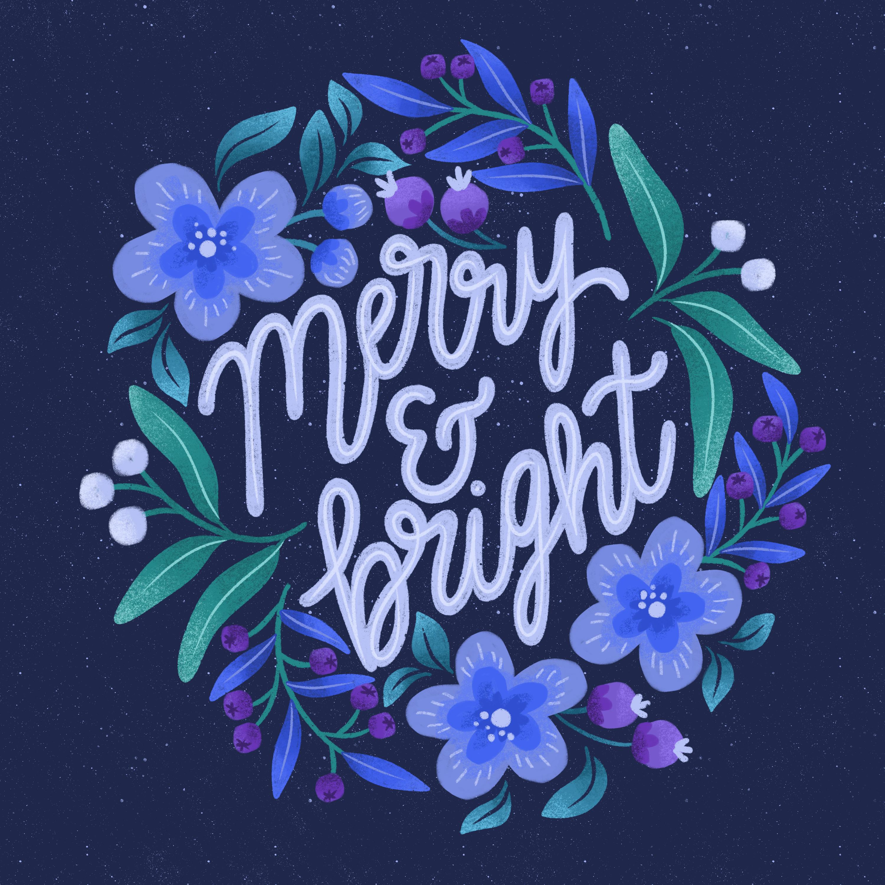 "Merry and bright" umgeben von illustrierten Blumen in lila und blau