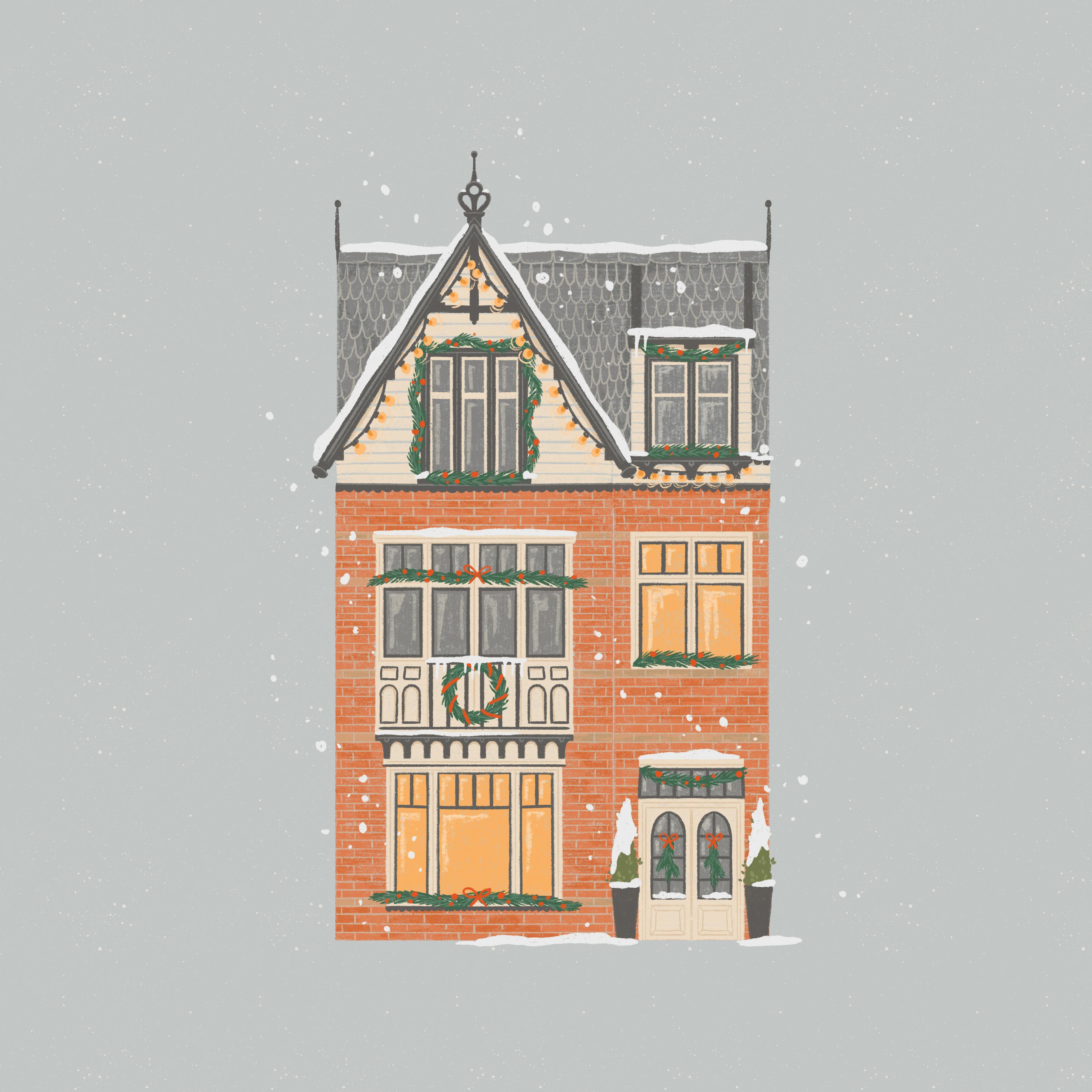 Weihnachtlich dekoriertes Haus im Winter