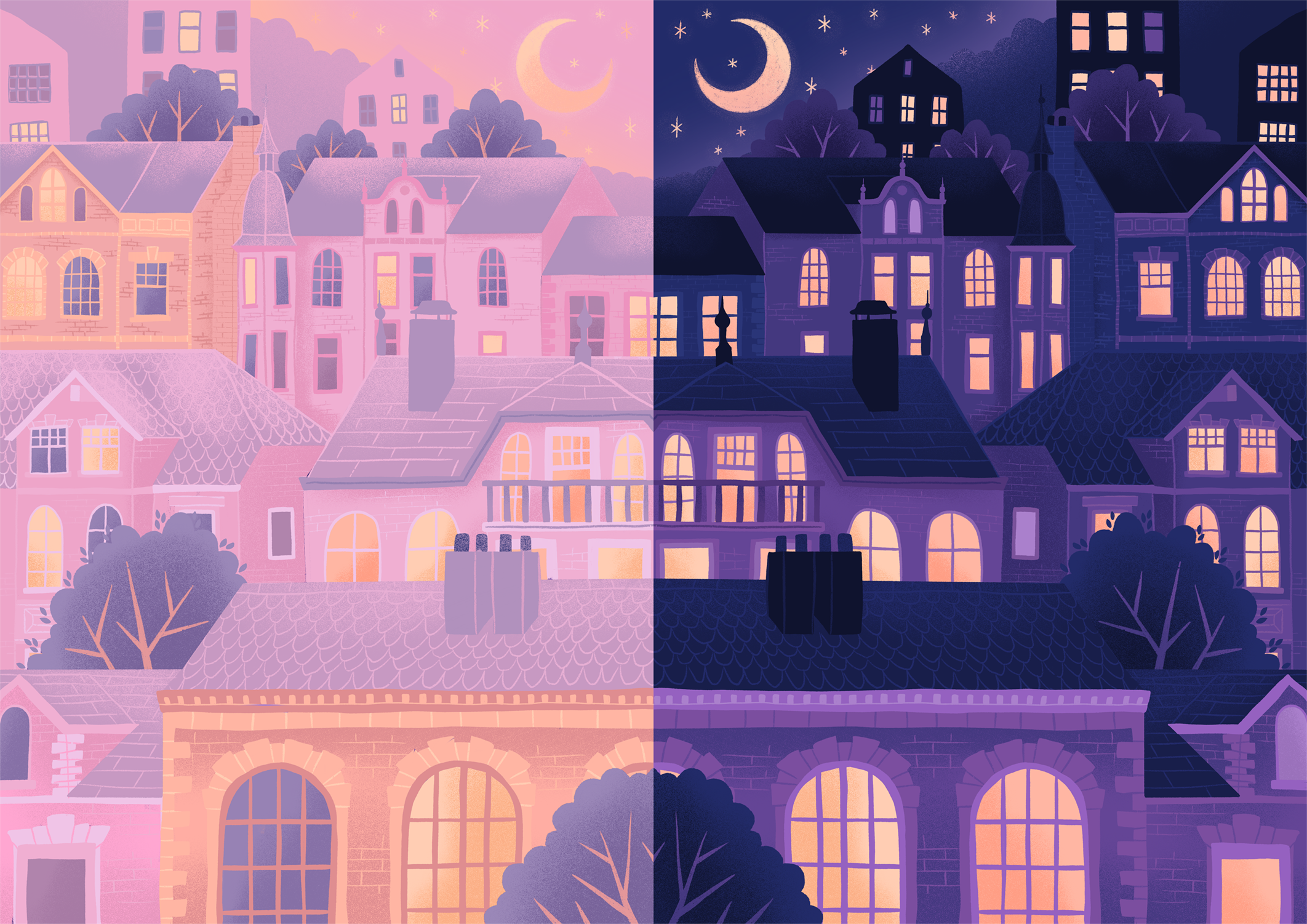 Cityscape at dawn on the left, at night on the right.