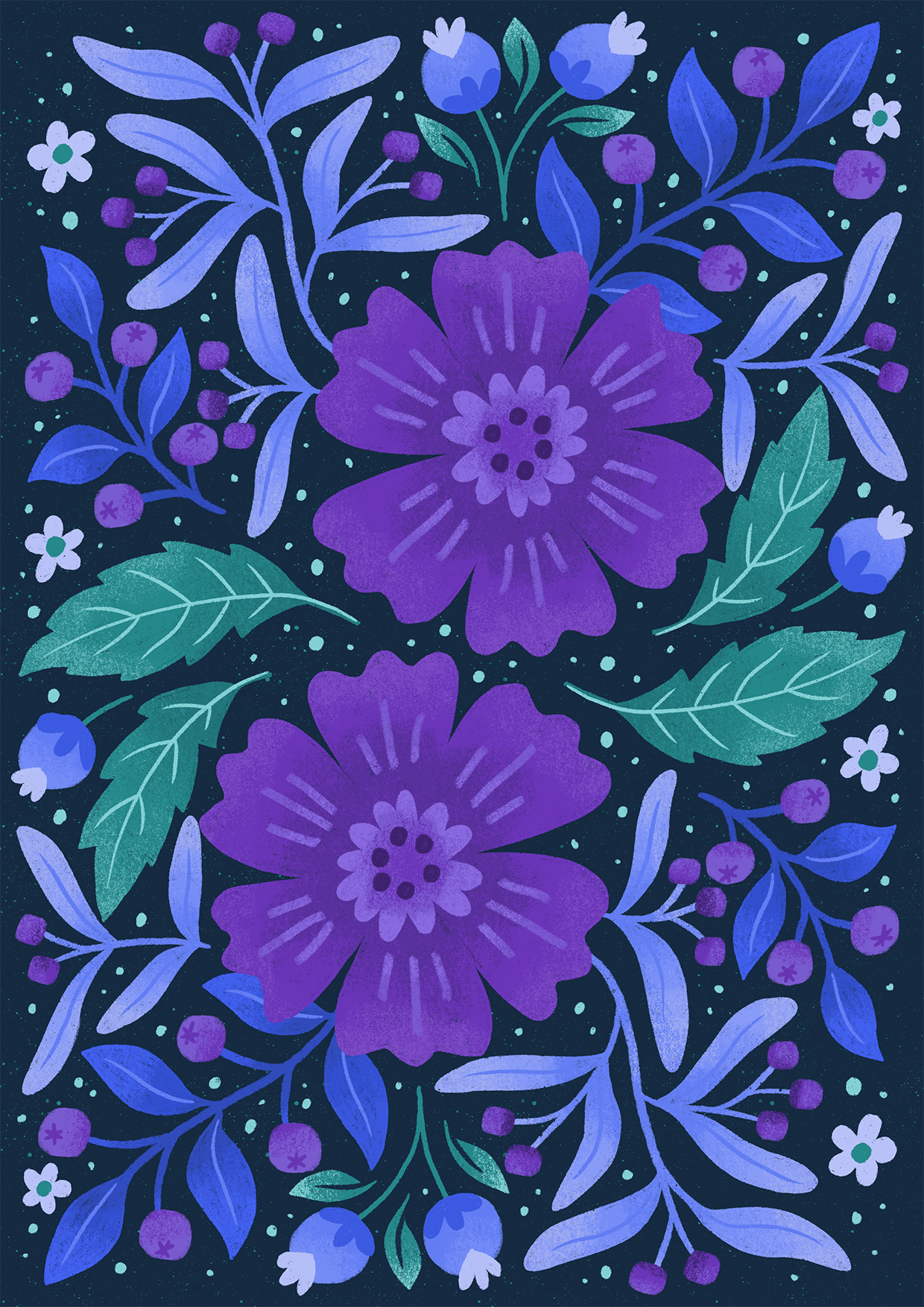 Illustrierte Blumen in lila und blau