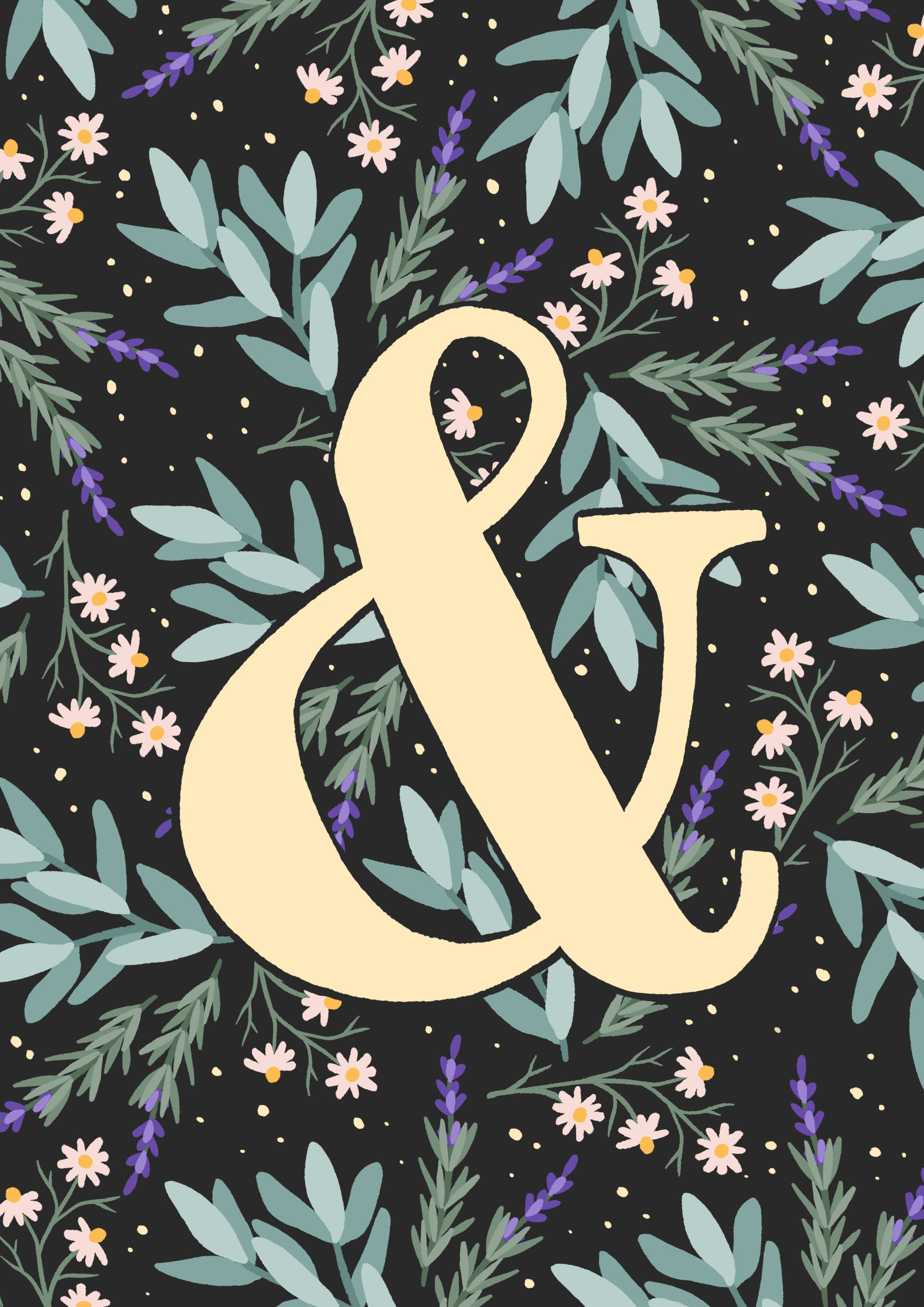 "&" on a floral black and green background