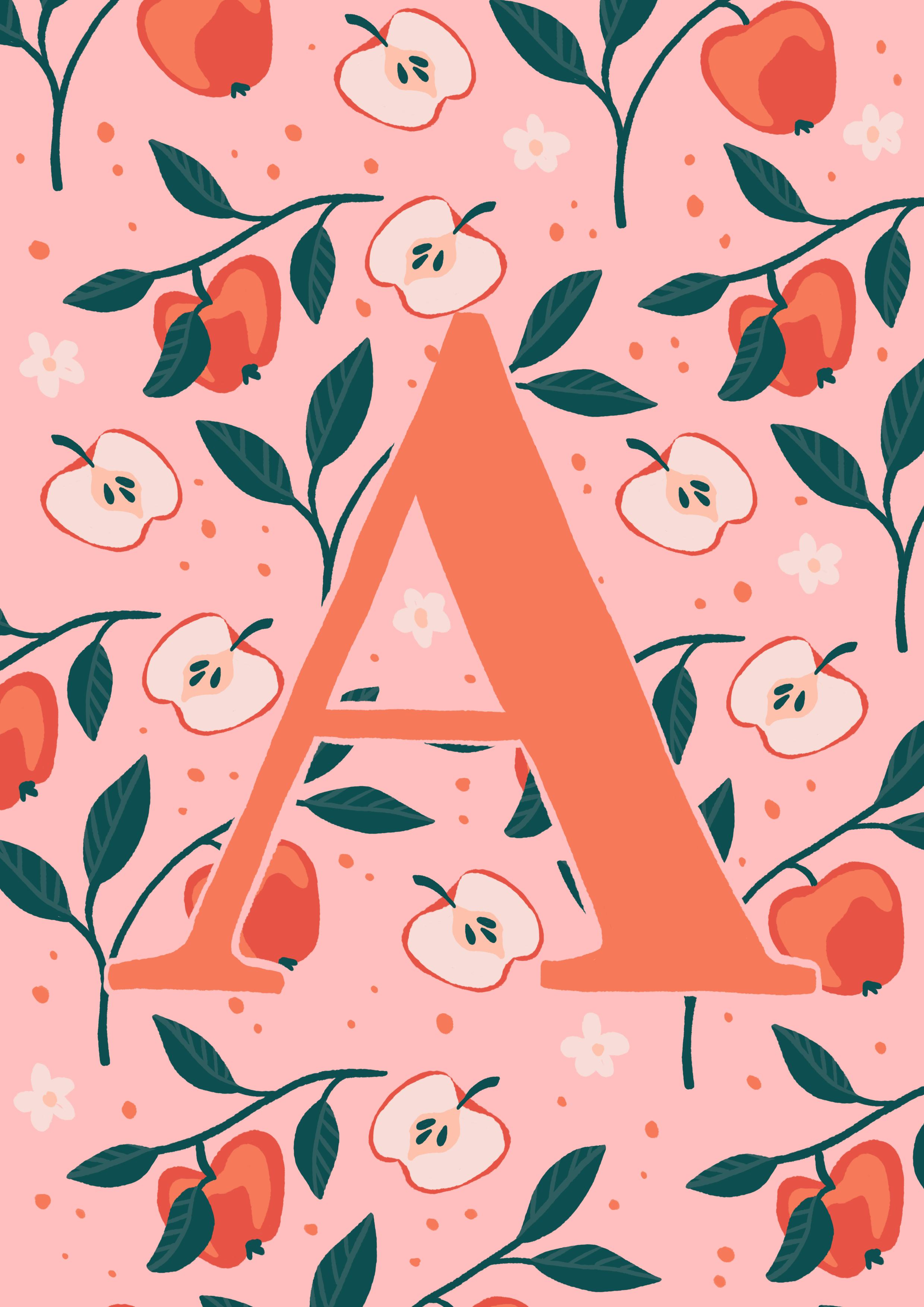 Buchstabe A auf Hintergrund mit illustrierten Äpfeln