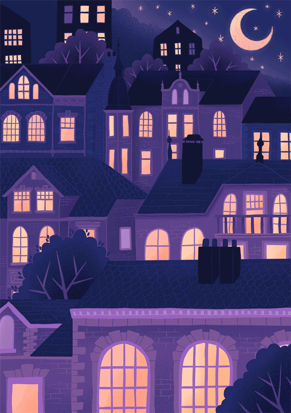 A city going from night to dawn and back again.