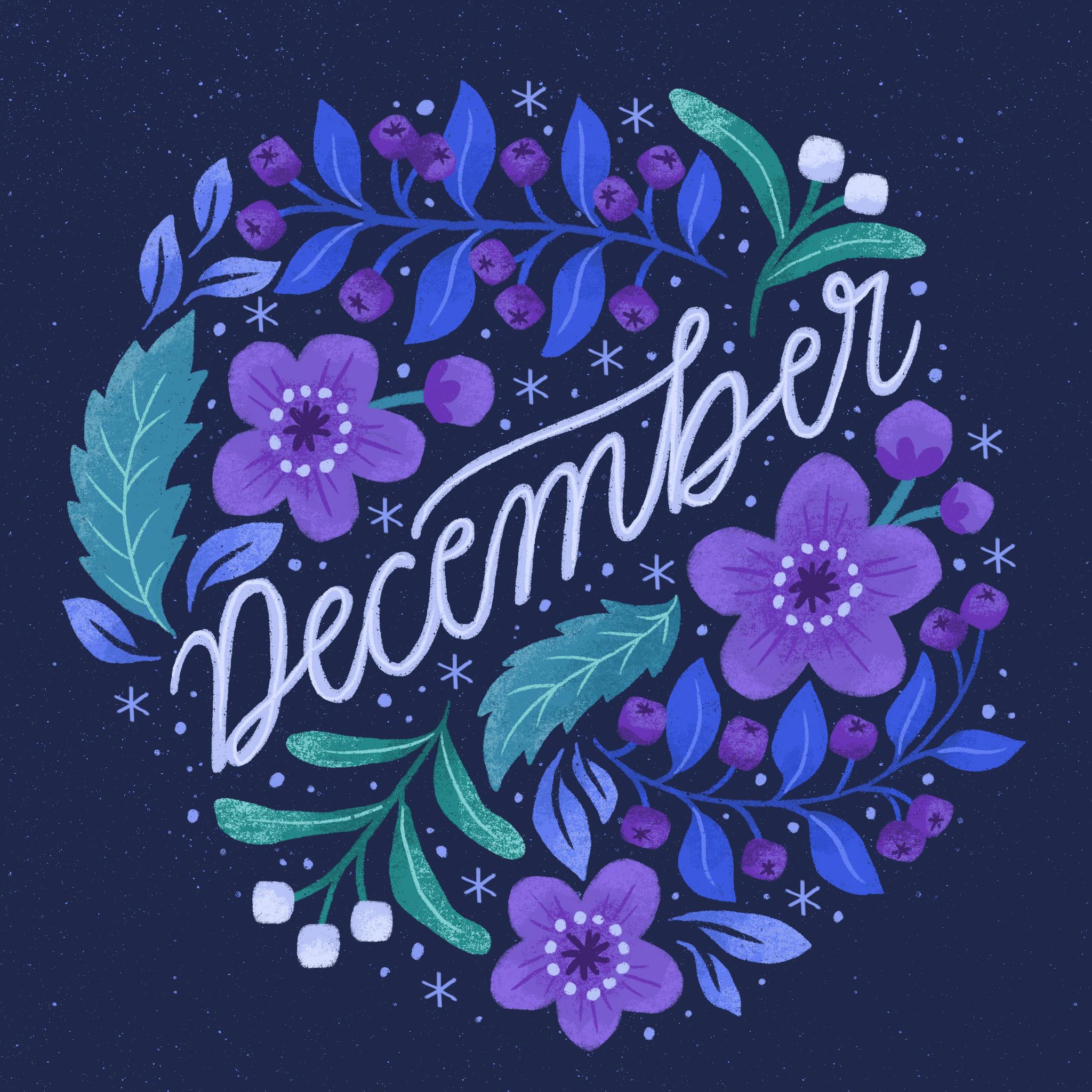 "Dezember" umgeben von illustrierten Blumen in lila und blau
