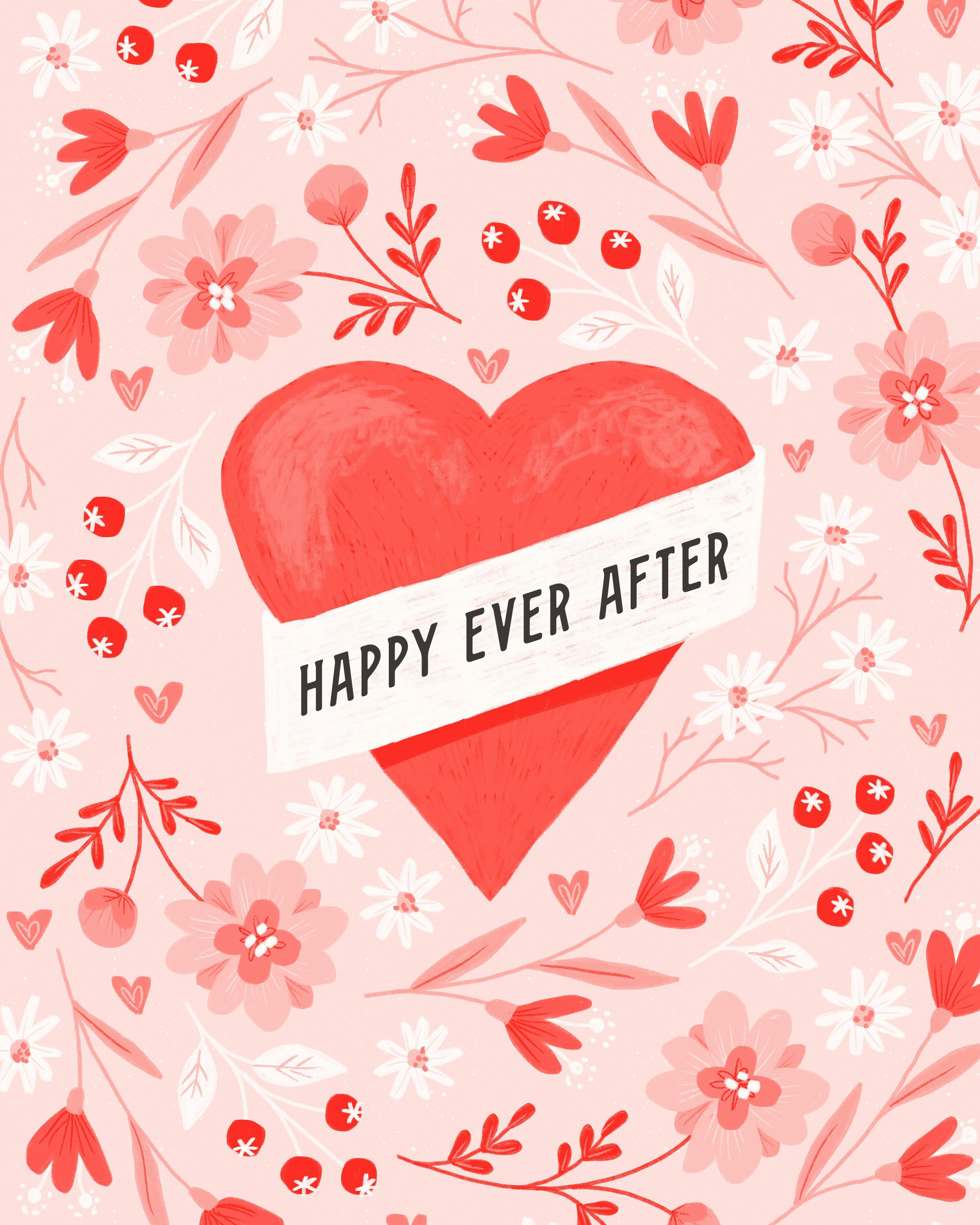 Red heart with a white banner saying „happy ever after“ on top of it surrounded by flowers, berries and hearts all in different shades of red and pink.