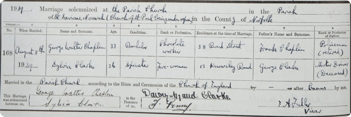 George Walter Chaplin marriage record 1939