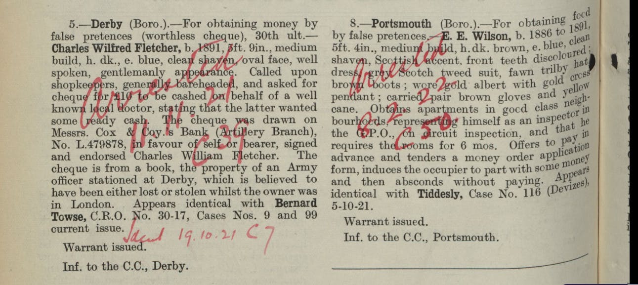 A notice of stolen items next to a notice of a search warrant, written on in red pen by the 1921 police force.