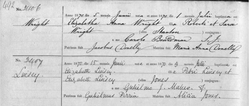 A Catholic baptism record, dating back to 1870.