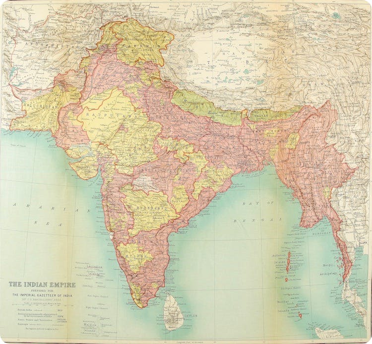 Map of British-occupied India by J. G. Bartholomew, published 1922.