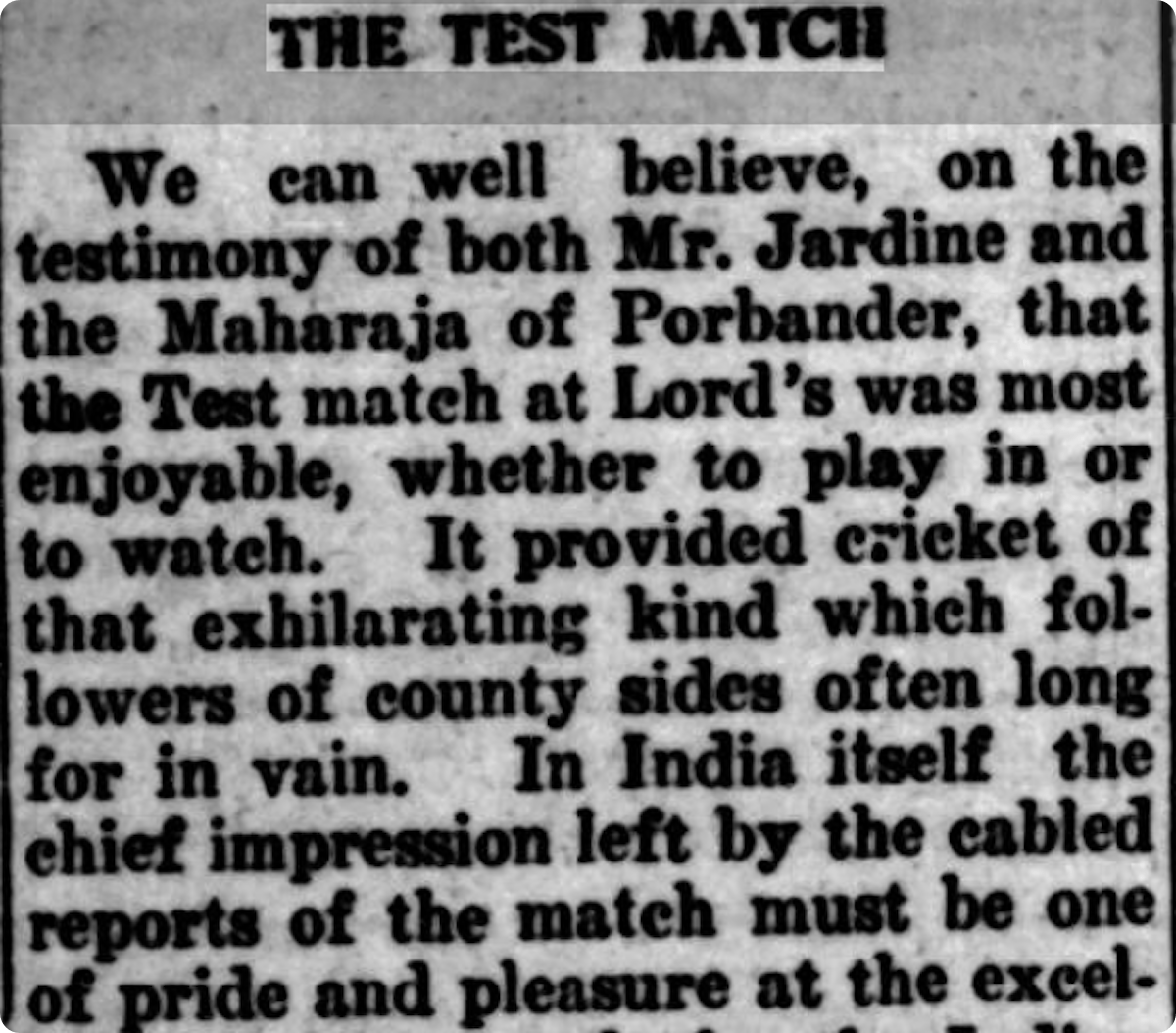 The Civil & Military Gazette (Lahore) reporting on the pride of the Indian team, 1932.