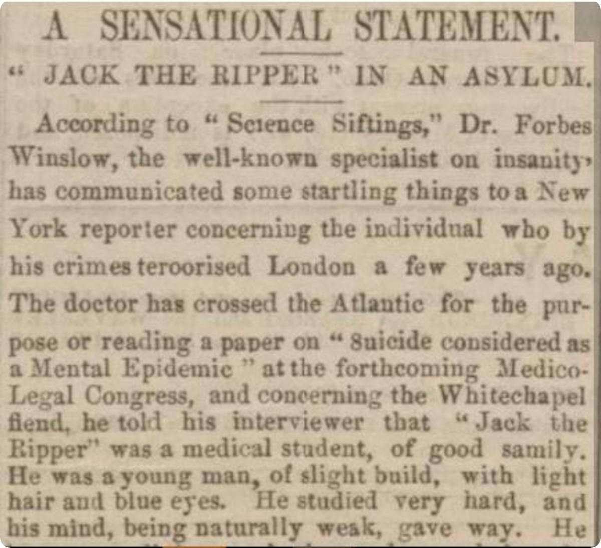 Forbes Winslow in newspaper reports