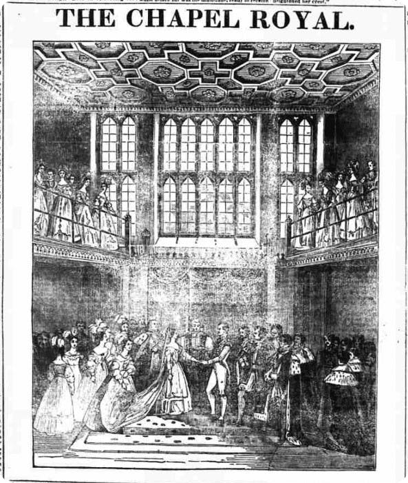The Royal Wedding of Queen Victoria and Prince Albert, as pictured in the Norwich Mercury, 1840.