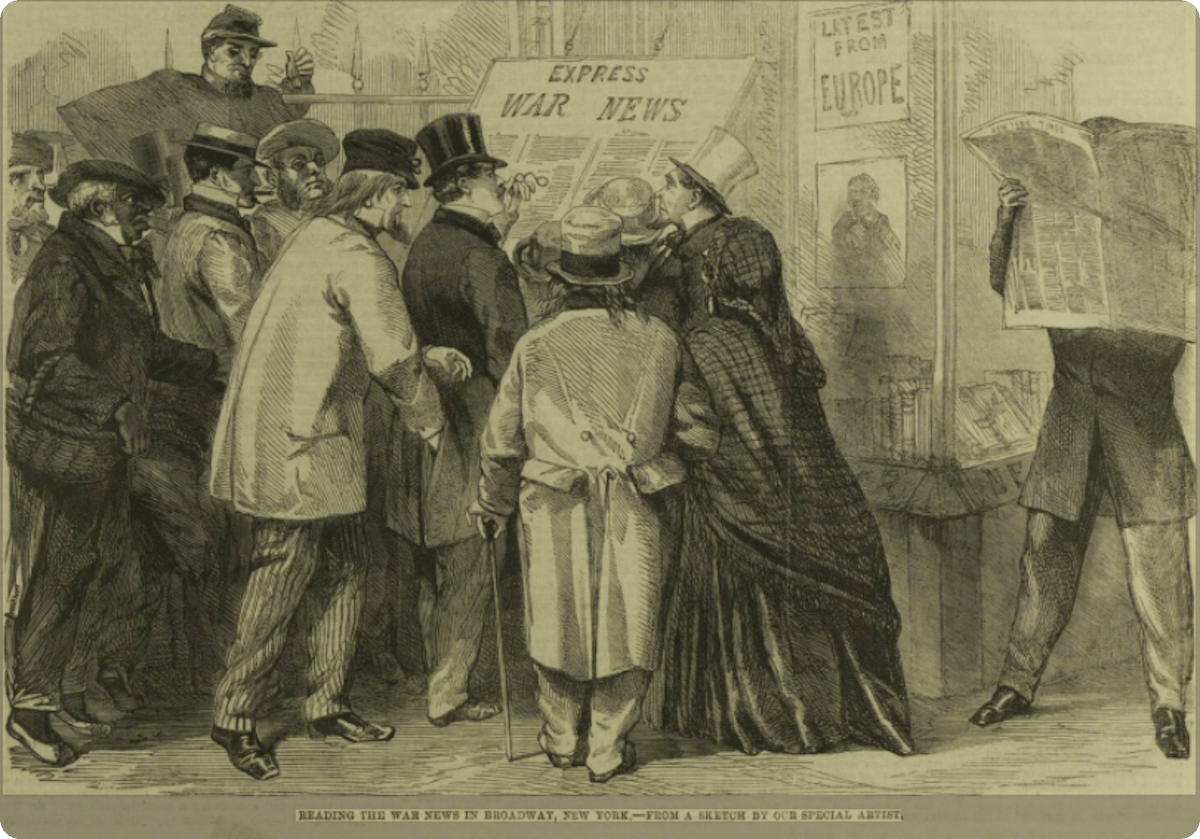 An illustration titled 'Reading the war news in New York', Illustrated London News, 1861.