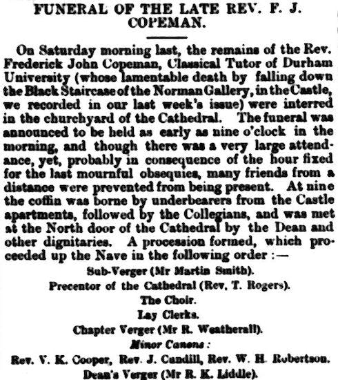 The funeral of Frederick Copeman as reported in the Durham County Advertiser, 1880.  