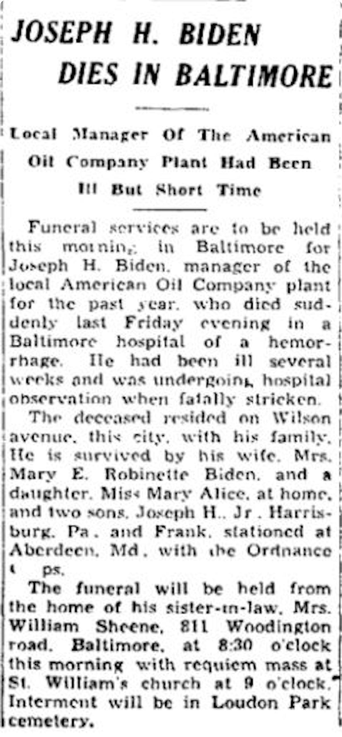 Joe Biden's ancestor's newspaper obituary