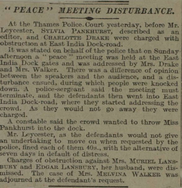 Edgar and his first wife Minnie's case for disturbing the peace was dismissed, while Sylvia Pankhurt was charged. Found in the Suffragette Collection.