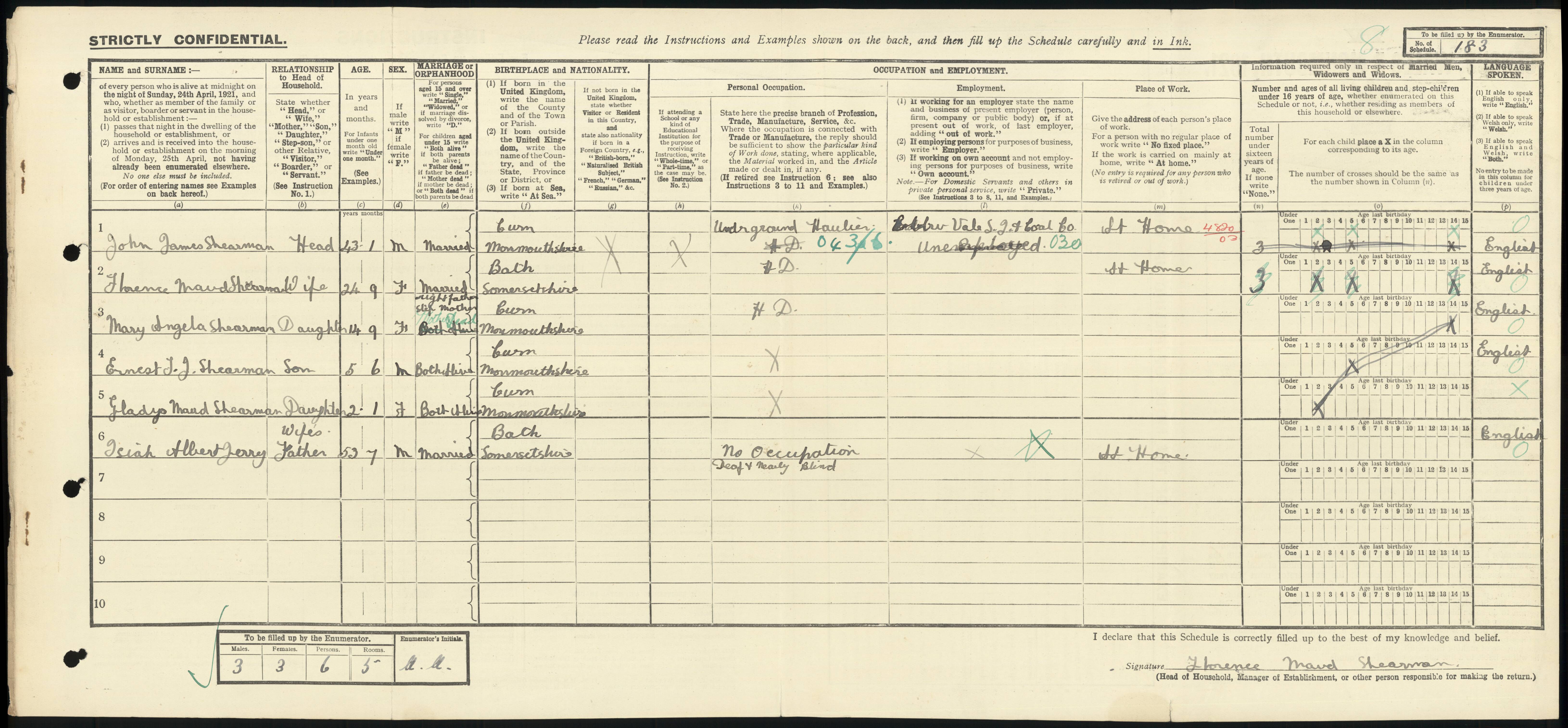 A Census return with 'No occupation, deaf and nearly blind' written next to Isiah Albert Jerry.