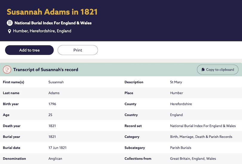The burial record of Susannah Adams, 1821. View here.