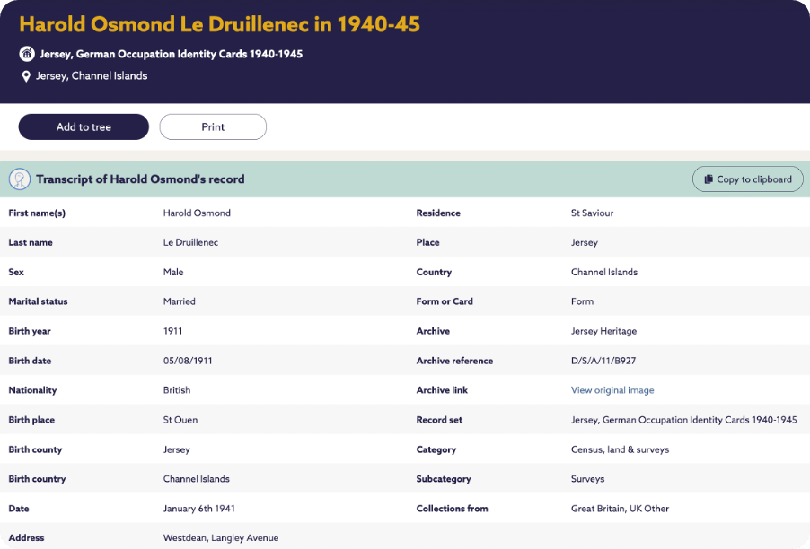 Identity card record of Harold le Druillenec.