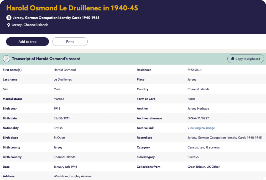 Identity card record of Harold le Druillenec. 