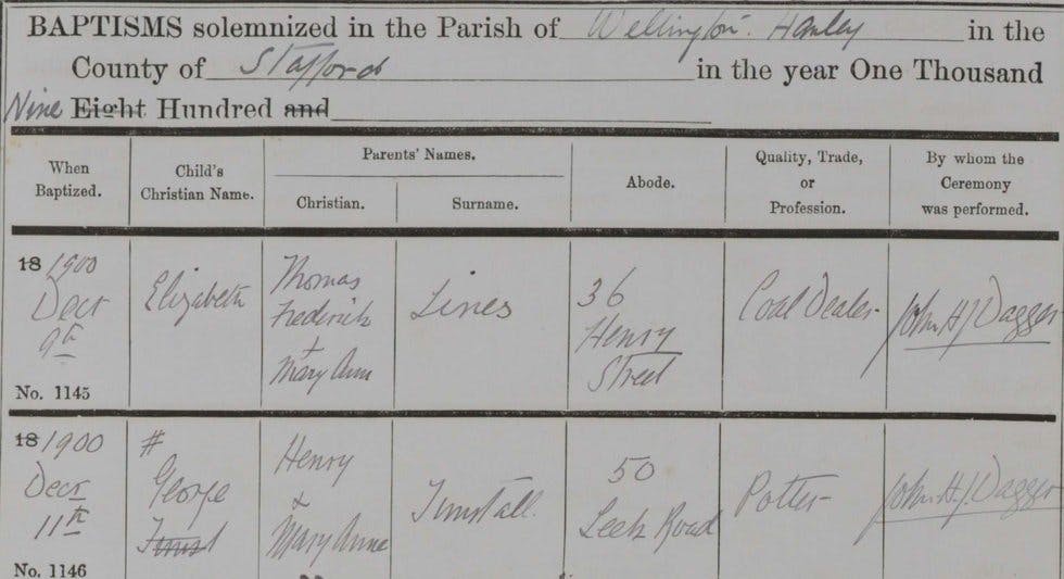 Staffordshire baptism record