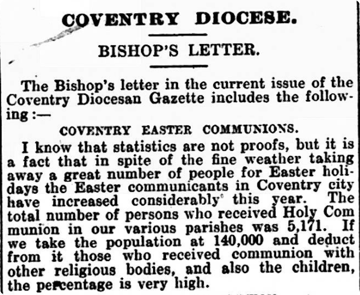 An article noting high numbers of Easter communicants, 1921, Warwick and Warwickshire Advertiser.