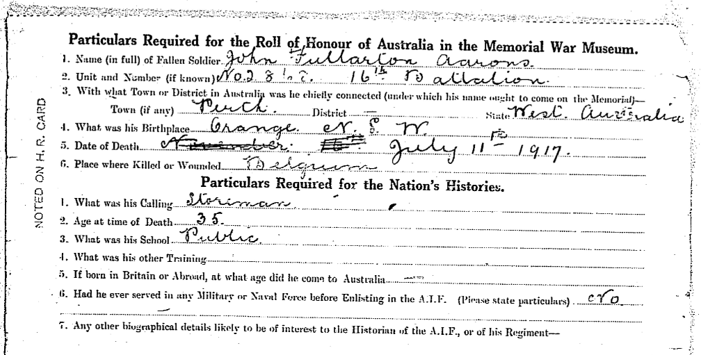 A snippet from Findmypast's Australian Commemorative Roll of Honour